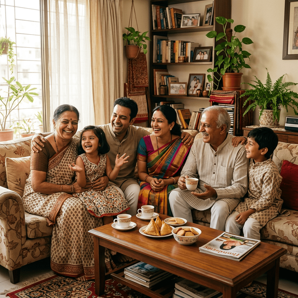 Indian family of six sitting on a sofa smiling and enjoying tea with snacks on the table